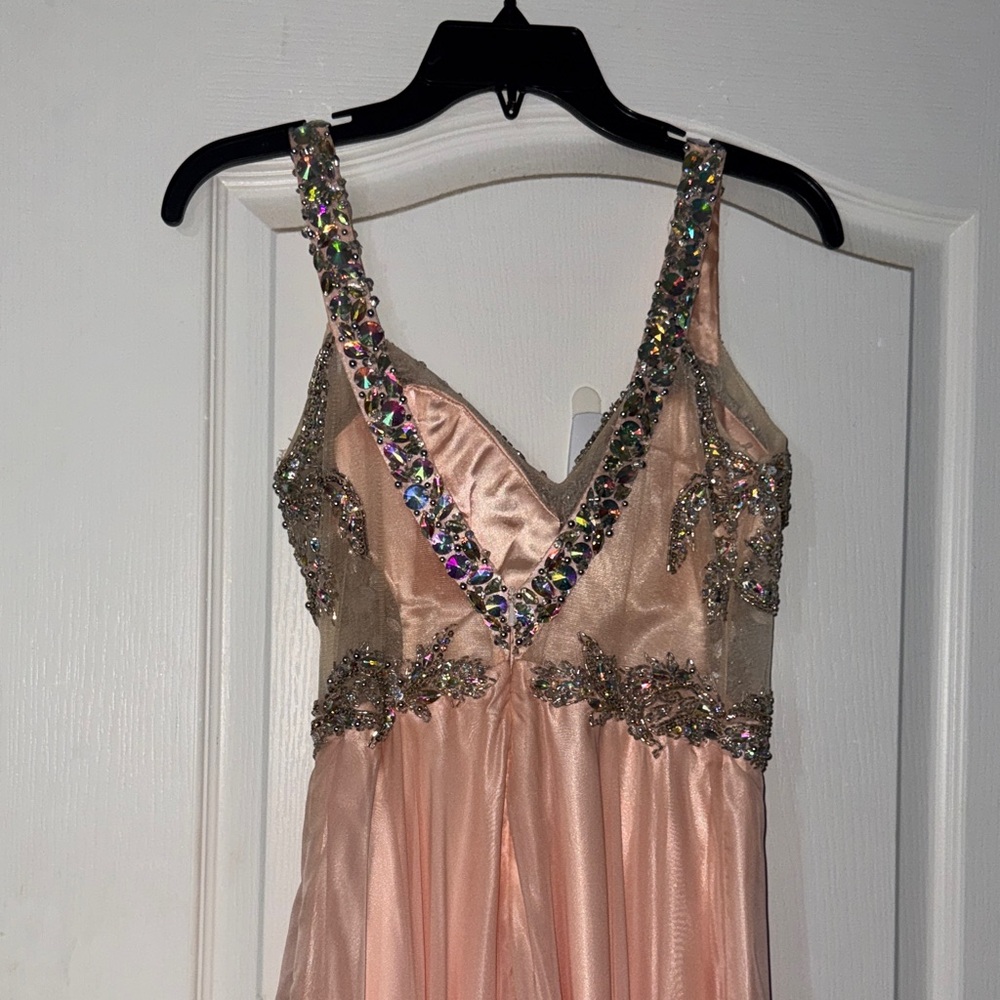 Sparkling Peach Gown with Embellished Bodice - Picture 3 of 6